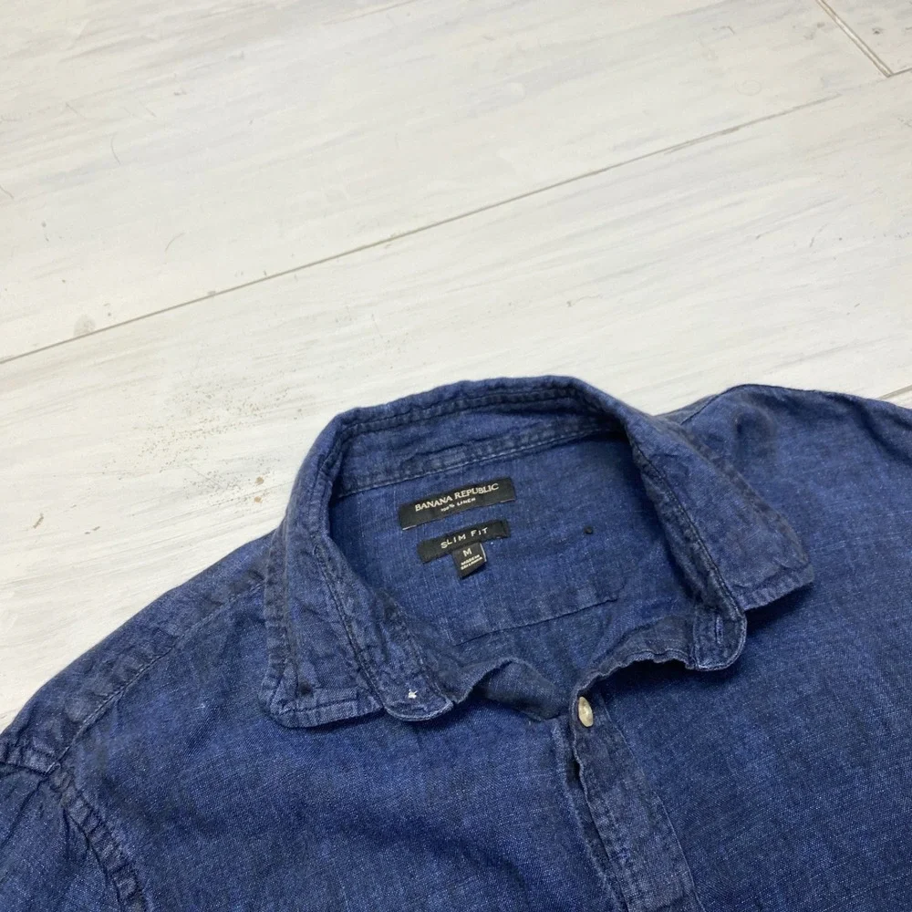 Banana Republic Linen Shirt Mens M Blue Slim Fit Long Sleeve Indigo Denim